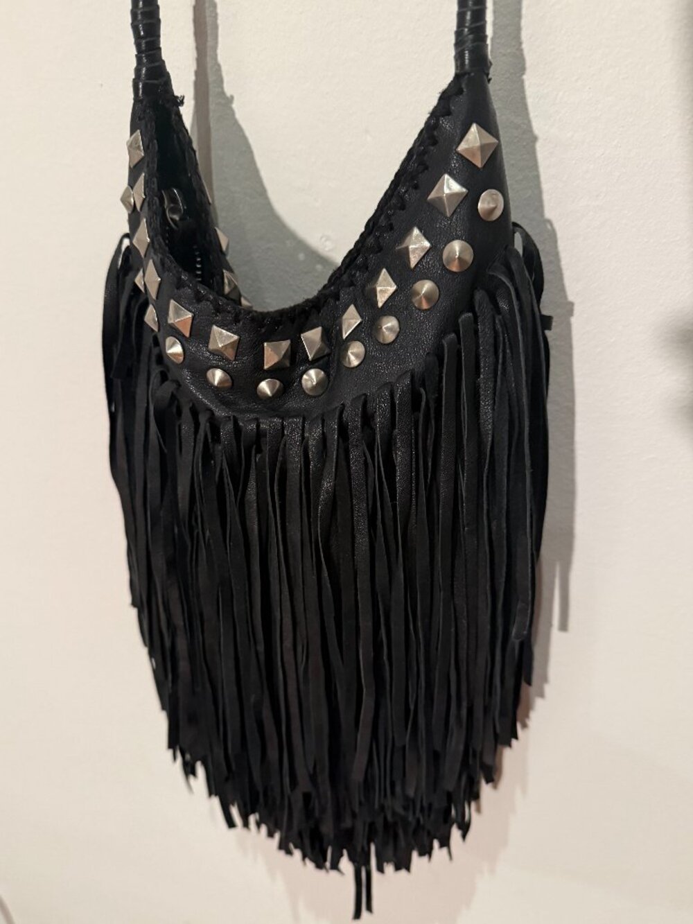 Maje leather fringe crossbody mini-bag with silver studs